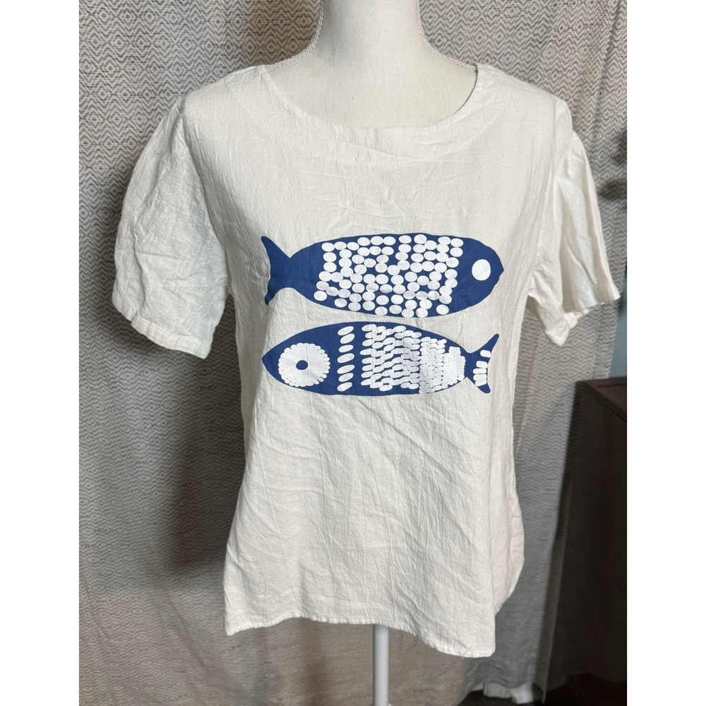 Cellabie White Short Sleeved Tee Blue Fish Linen Feel XL